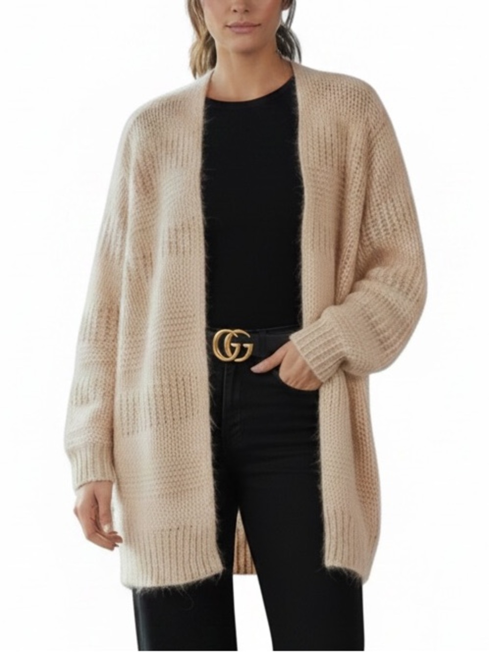 Gerard Darel Womens Tan Open-Front Chunky-Knit Mohair Alpaca Cardigan Sweater S